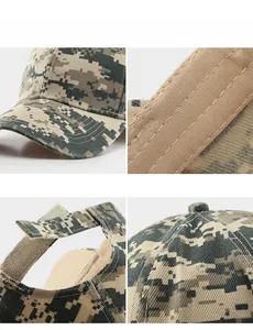 Detail showing tactical camo cap stitching, reinforced brim, and adjustable velcro strap