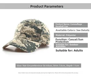 Detailed specs of camo baseball cap showing polyester material and dimensions