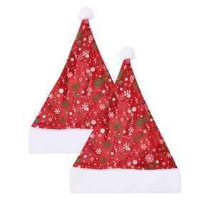 Thick red Christmas hat with white plush trim and green snowflake patterns on white background