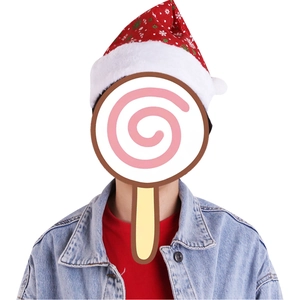 Detailed view of red plaid Christmas hat with white snowflake patterns and plush fur trim