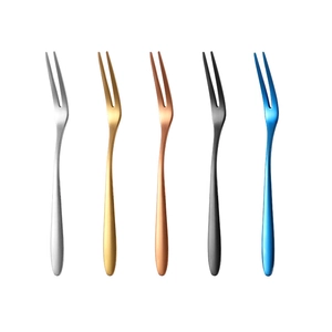 Five-piece 304 stainless steel dessert fork set with two prongs in five diverse colors
