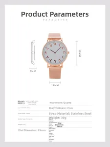 Detailliertes Datenblatt für roségoldene Edelstahl-Quarzuhr Modell M0213 mit Maßen