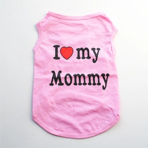 Pink dog vest made of knit cotton featuring I Love My Mommy print on plain white background
