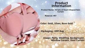 Detail showing metallic rose gold heart-shaped PET fringe curtain for party backdrops