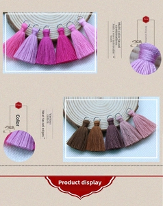 Detail showing various colorful cotton tassels with durable silver metal jump rings