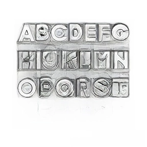 Macro shot of a complete 26-piece chrome A-Z alphabet charms set for DIY jewelry
