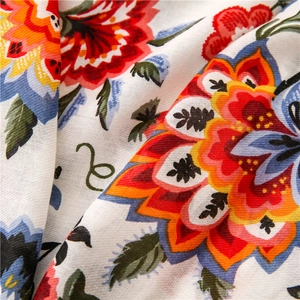 Detailed macro view of bohemian floral print fabric with vibrant multi-color patterns
