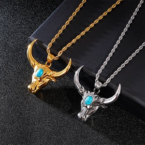 Vintage bull head necklaces with turquoise in gold and silver finish on twist chain
