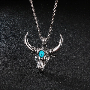 Vintage bull head necklace in stainless steel with blue turquoise stone inlay
