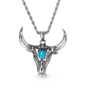 Vintage Bull Head Pendant Necklace Stainless Steel With Turquoise Stone Retro Punk Rock Jewelry For Men