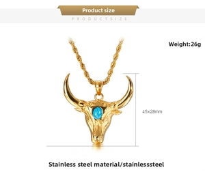 Detailed specs of gold stainless steel bull horn pendant with turquoise and rope chain