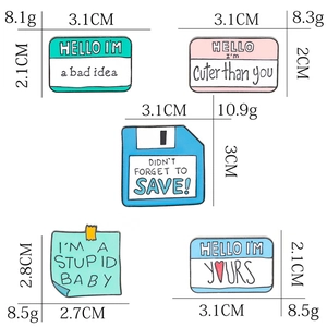 Cartoon enamel pin set with notebook and floppy disk designs including size and weight specs