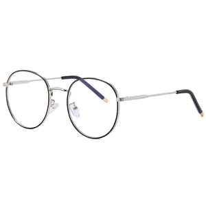 Retro round metal eyeglass frames in silver and black finish with clear anti-blue lenses