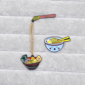 Cartoon enamel ramen noodle bowls and chopsticks alloy brooches set on gray background