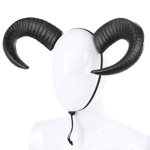Realistic black ox horn headpiece for Halloween Cosplay with adjustable chin strap