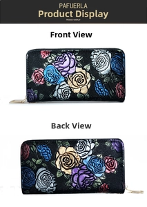 Detailed views of women's long wallet with 3D colorful rose embossed floral patterns