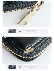 Close-up of gold plated rustproof zipper and five-layer manual oil edge on floral wallet