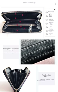 Detailed interior view of leather wallet showing card slots and zipper compartment