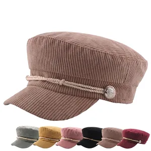 Corduroy flat top navy hat for women in multiple colors with rope decoration