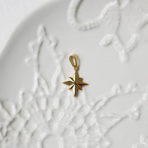 Detailed close-up of a minimalist 18K gold star pendant on an elegant white ceramic plate