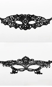Detail view of A-19 Hooked Eyebrows and A-20 Queen style black lace masquerade masks