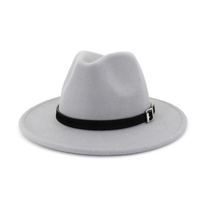 Classic light grey wool fedora hat with black leather band and silver metal buckle