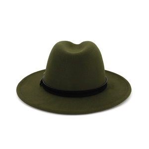 Detail of army green wool felt jazz hat with a stylish black decorative band