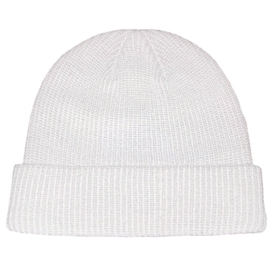 Detail showing white ribbed knit beanie fabric texture and folded brim craftsmanship