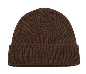 Close-up of dark brown ribbed knit beanie with rolled cuff and thick winter texture