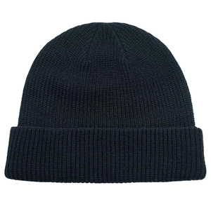 Close-up of a classic navy knit beanie showing fine vertical stitching and folded cuff
