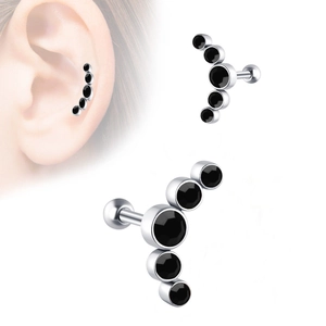 Detailed view of silver stainless steel stud earring with five black curved stones