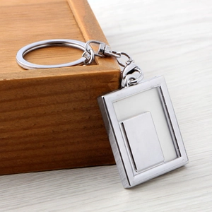 Creative rectangle hollow metal photo frame keychain pendant in polished silver finish