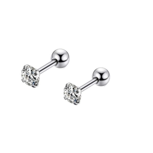 Pair of silver stainless steel labret studs with round zircon stones on white background