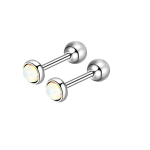 Close-up of a pair of silver stainless steel labret studs with white cat-eye stones