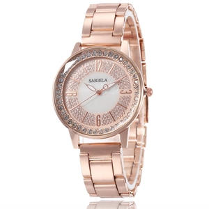 Montre à quartz de luxe pour femme en or rose avec lunette en strass et cadran ciel étoilé