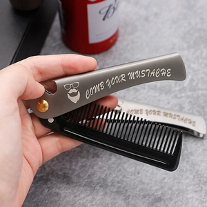 Men's portable folding stainless steel comb with metal handle and mustache engraving