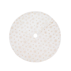 White plush Christmas tree skirt with gold snowflake embroidery for holiday decorations