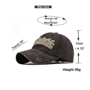 Detail view of brown washed cotton baseball cap with 3D Athletics embroidery and size specs