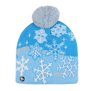 Detail of blue snowflake knit hat featuring integrated LED light power switch