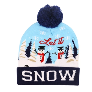 Detail of blue knitted LED hat showing the ON/OFF switch for the festive light-up feature