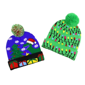 Christmas LED knitted beanies with dinosaur and light bulb patterns and colorful pom-poms