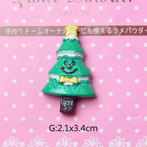 Glittery resin Christmas tree flatback with smiley face and star for DIY crafts 2.1x3.4cm