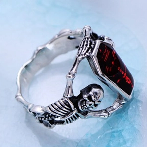 Vintage gothic vampire coffin ring with red skull and retro silver finish punk jewelry