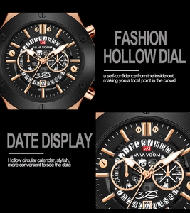 Detailed views of waterproof sports watch with hollow dial and dual calendar display
