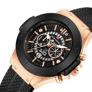 Men's skeleton dial sports watch with rose gold case and black rubber strap