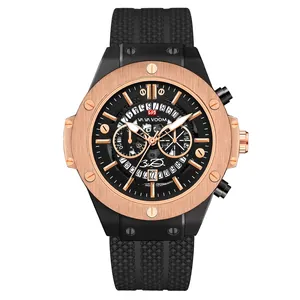 Men's waterproof sport watch featuring rose gold bezel and black rubber strap