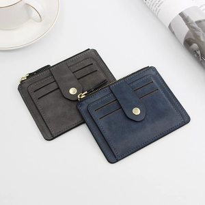 Slim multi-slot PU leather card holder wallets in grey and blue with metal buckle closure