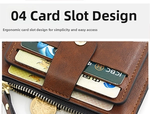 Detail of a brown leather card holder featuring multiple card slots and secure zipper pocket