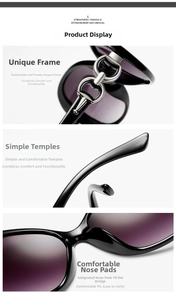 Detail view of stylish sunglasses featuring metallic double-ring hinges and purple gradient lenses