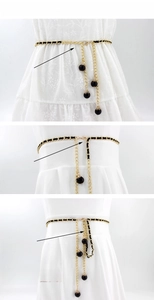 Fastening guide for gold chain belt with black weaving and decorative ball pendants